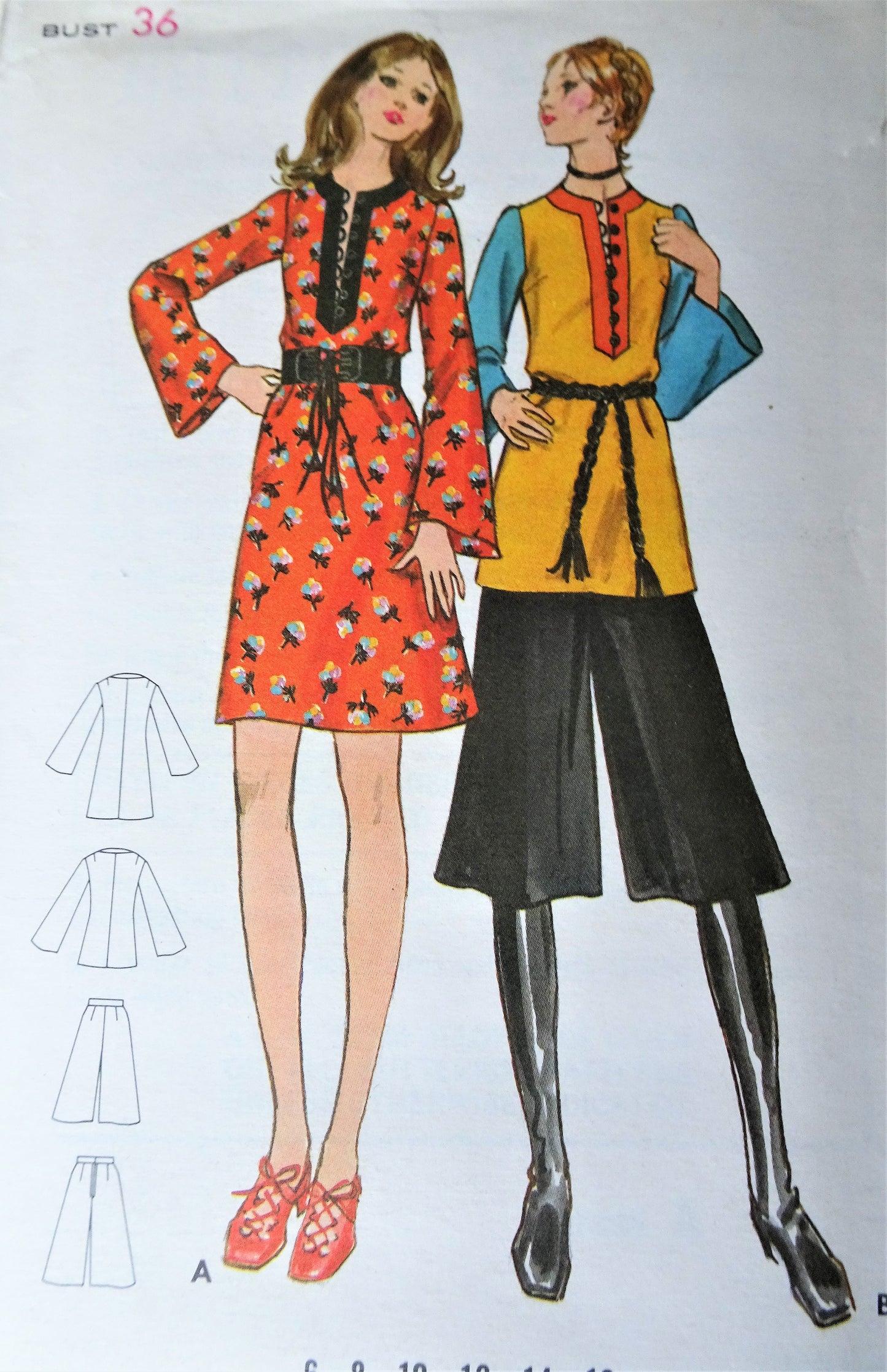 1970s FABULOUS Dress or Top and Culotte Gaucho Pants Pattern BUTTERICK 6119 Bell Sleeves, Slit Neckline, Bust 36 Vintage Sewing Pattern FF