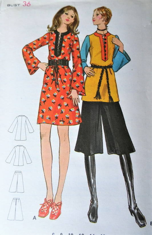 1970s FABULOUS Dress or Top and Culotte Gaucho Pants Pattern BUTTERICK 6119 Bell Sleeves, Slit Neckline, Bust 36 Vintage Sewing Pattern FF