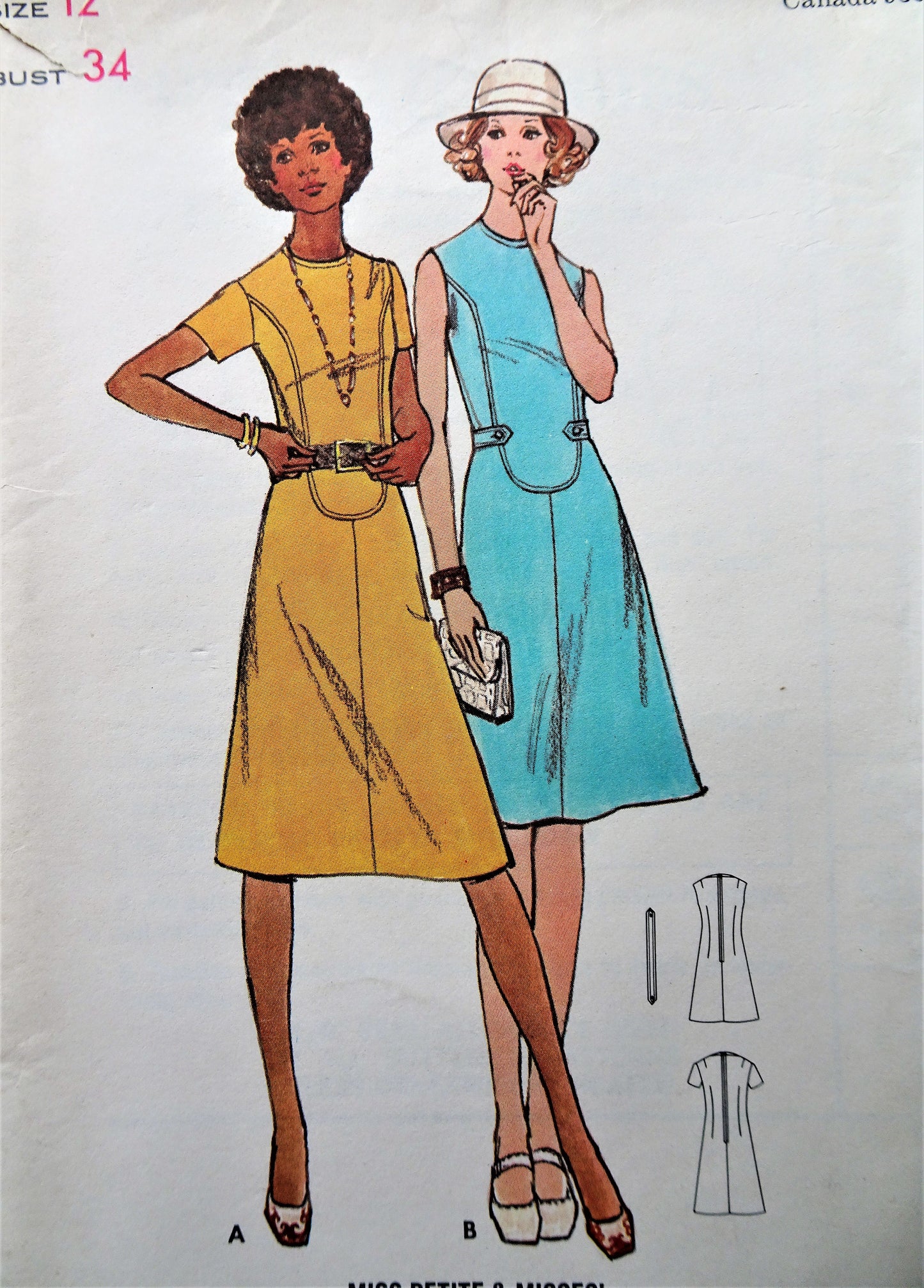 1970s  A Line Dress Pattern BUTTERICK 6138 Regular or Midi Length Dress, Seam Interest, Bust 34 Vintage Sewing Pattern FACTORY FOLDED