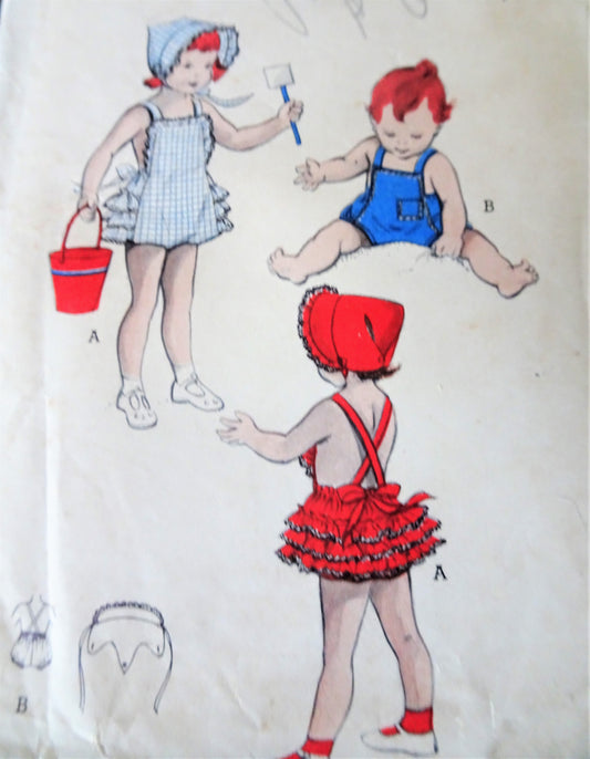 1950s CUTE Toddlers' Playsuit with Bonnet for little Girls Pattern BUTTERICK 6144 Two Versions Plus Adorable Sun Bonnet,Size 1 Childrens Vintage Sewing Pattern FACTORY FOLDED