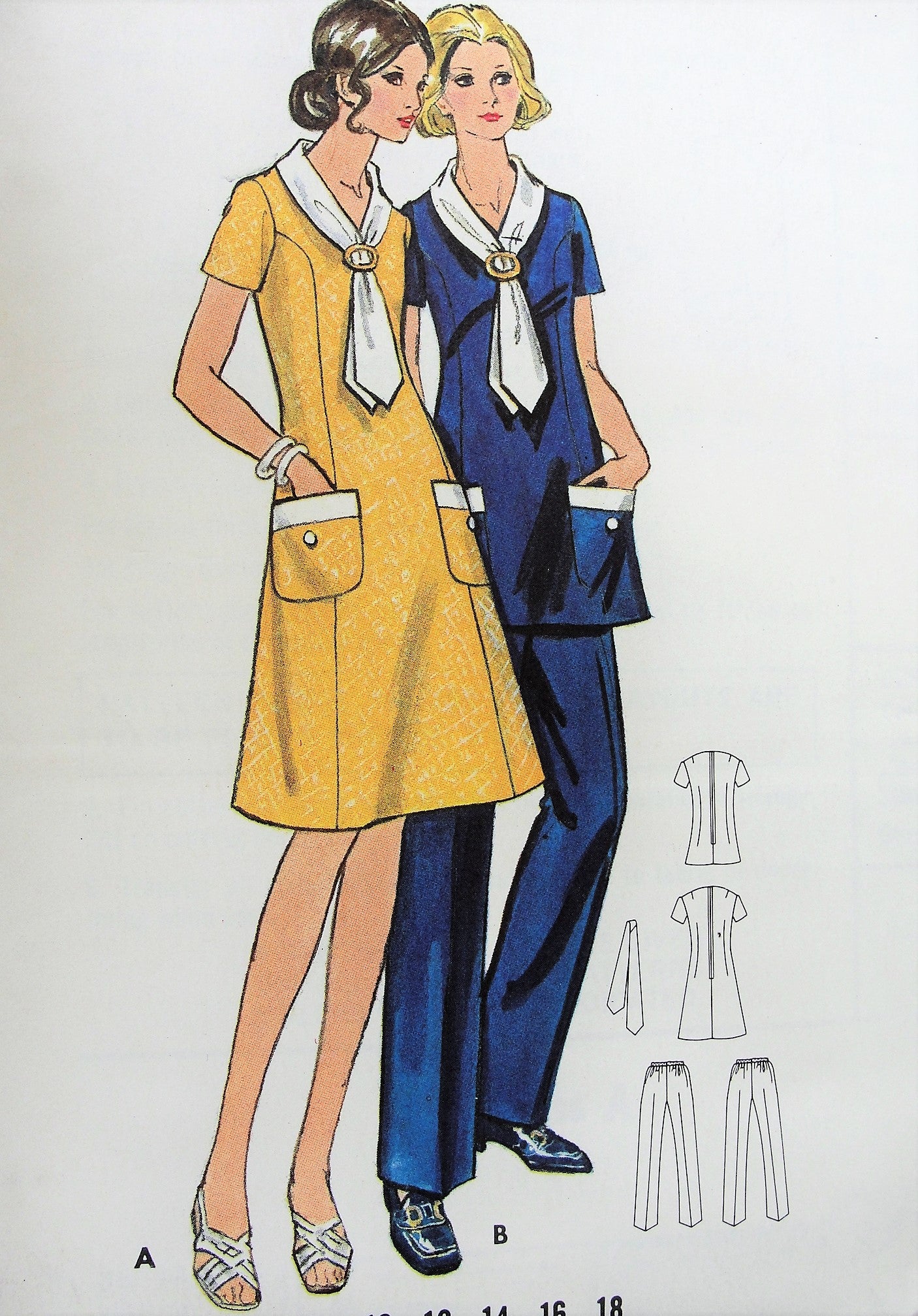 1970s Vintage CHIC A-line V Neck Dress or Top with Pockets, Scarf, and Pants Butterick 6150 Sewing Pattern Bust 32 1/2