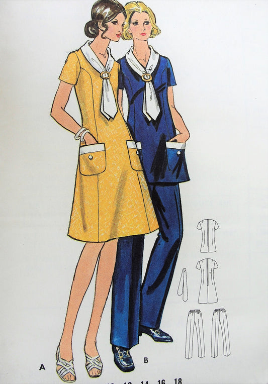 1970s Vintage CHIC A-line V Neck Dress or Top with Pockets, Scarf, and Pants Butterick 6150 Sewing Pattern Bust 32 1/2