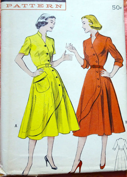 1950s WONDERFUL Side Sweep to The Hemline Dress Pattern BUTTERICK 6185 Unique Button Front Dress, Opens Flat, Bust 32 Vintage Sewing Pattern FACTORY FOLDED