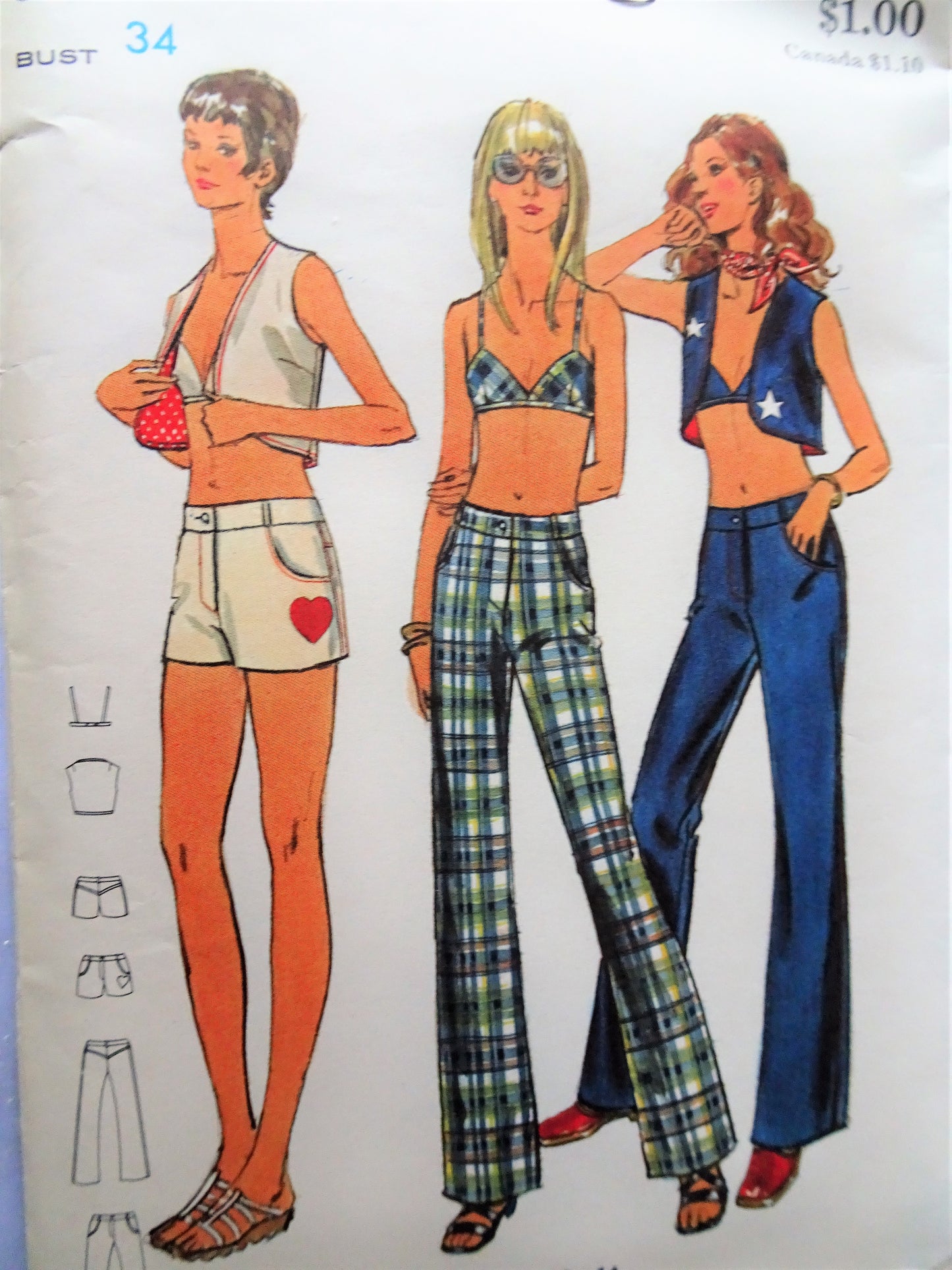 1970s FAB Mod Bra Top Bolero Pants Shorts Pattern BUTTERICK 5229 Bust 34 Vintage Sewing Pattern FF