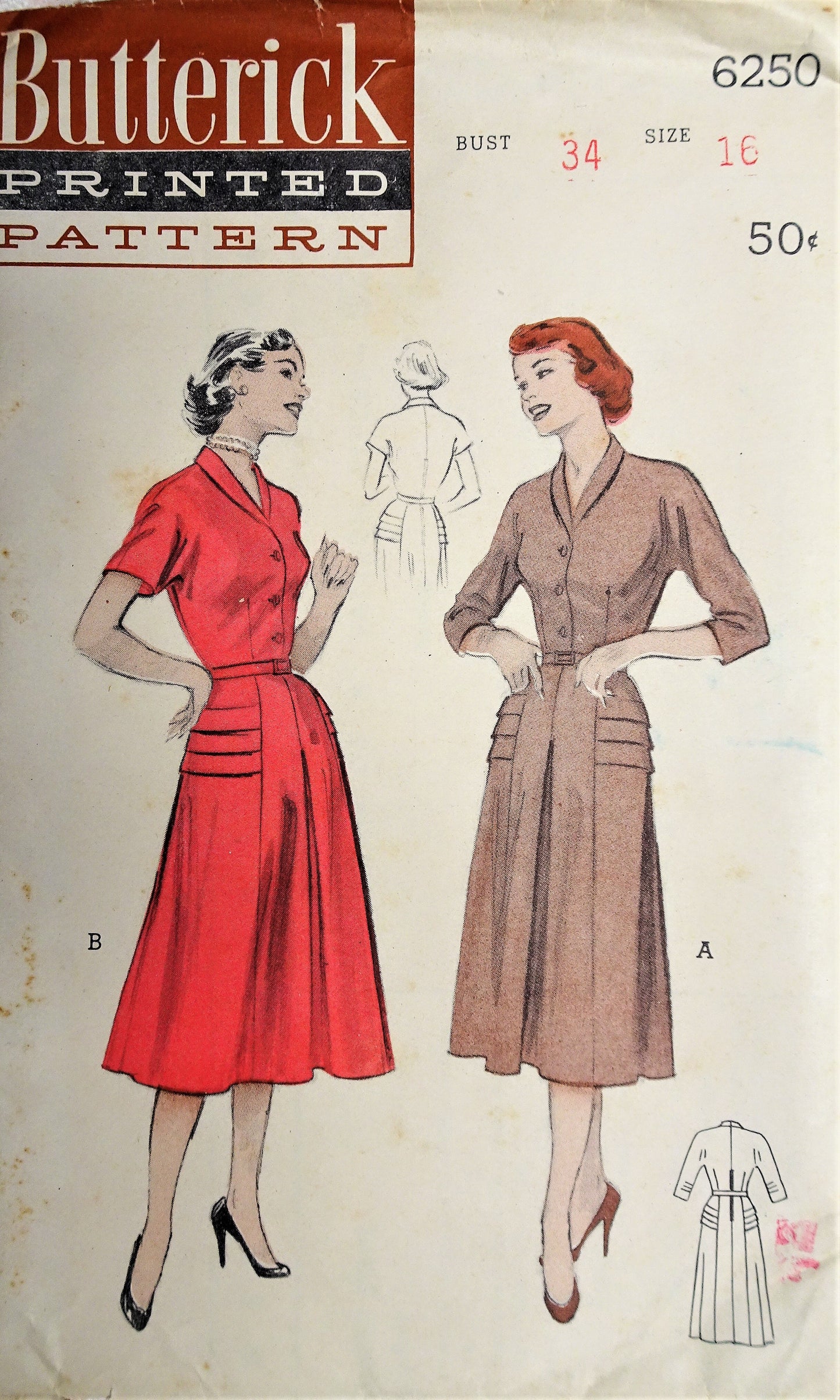1950s FAB Softly Tailored Dress Pattern BUTTERICK 6250 Lovely Tuck Details Bust 34 Vintage Sewing Pattern