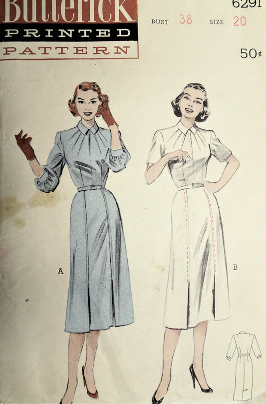 1950s CHIC Slim Tailored Dress Pattern BUTTERICK 6291 Beautiful Radiating Stitching Daytime or After 5 Bust 38 Vintage Sewing Pattern