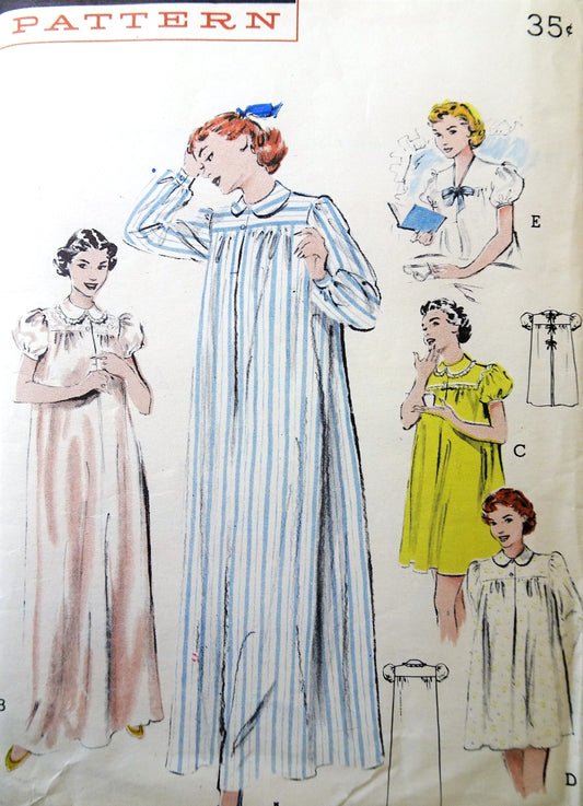 1950s CUTE Puffed Sleeve Nightgown Pattern BUTTERICK 6315 Granny Gown, Shortie Gown Bust 38 Vintage Sewing Pattern