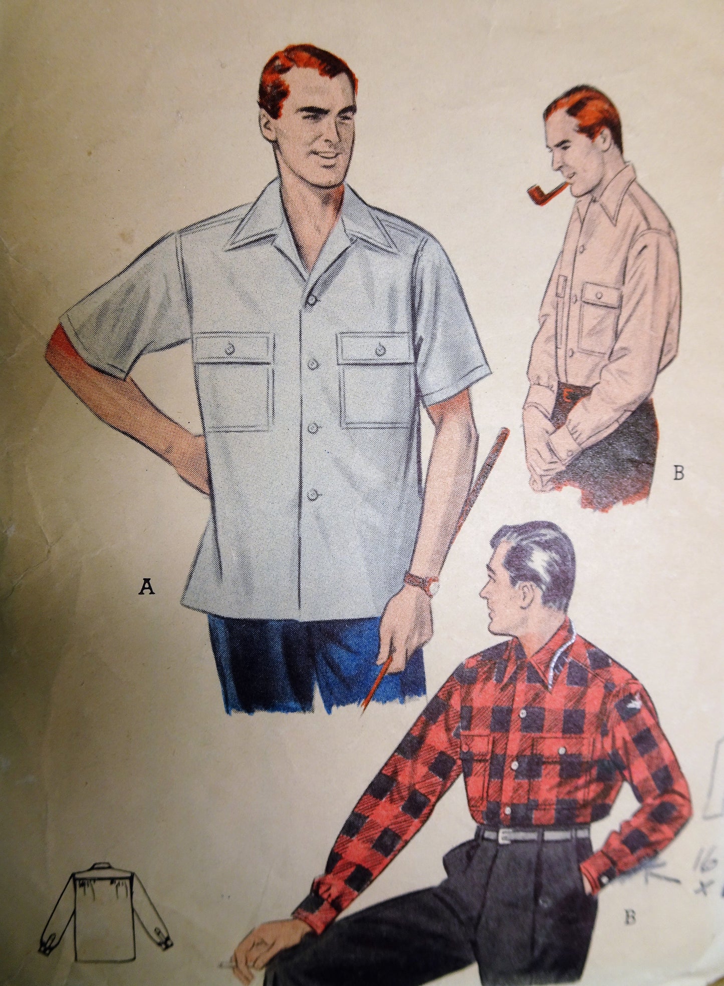1950s Handsome Mens Convertible Collared Shirt Pattern BUTTERICK 6318 Two Versions, Medium Size Vintage Sewing Pattern