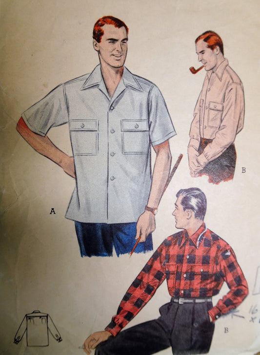 1950s Handsome Mens Convertible Collared Shirt Pattern BUTTERICK 6318 Two Versions, Medium Size Vintage Sewing Pattern