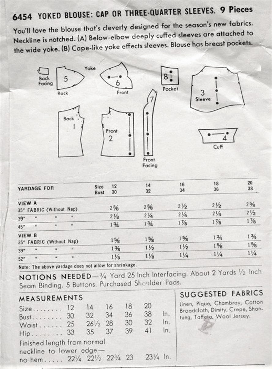 1950s BEAUTIFUL Blouse Pattern BUTTERICK 6454 Cape Like Yoke in 2 Versions Daytime or Evening Bust 32 Vintage Sewing Pattern FACTORY FOLDED