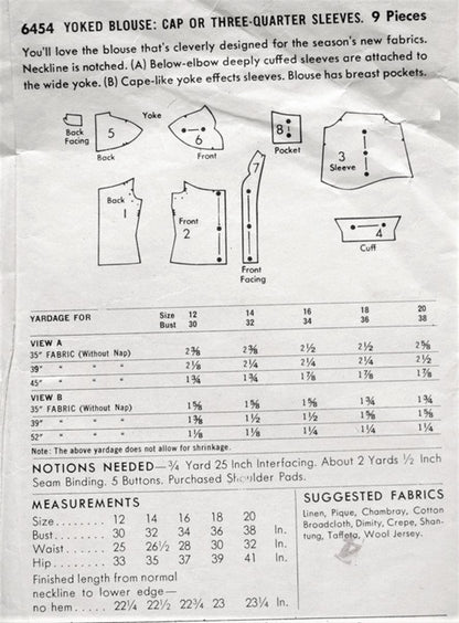 1950s BEAUTIFUL Blouse Pattern BUTTERICK 6454 Cape Like Yoke in 2 Versions Daytime or Evening Bust 32 Vintage Sewing Pattern FACTORY FOLDED