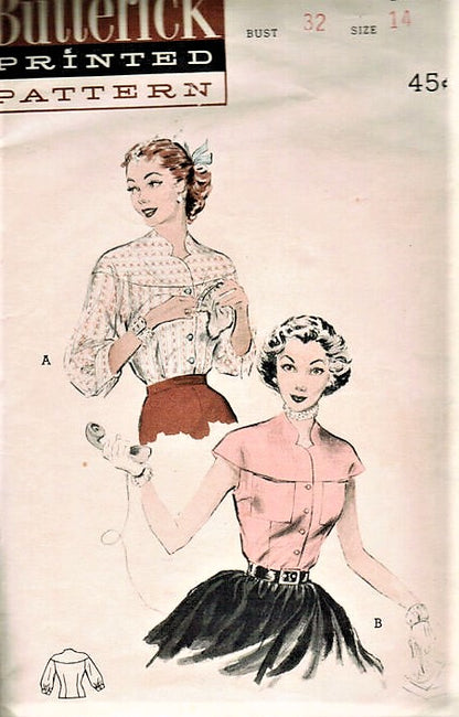 1950s BEAUTIFUL Blouse Pattern BUTTERICK 6454 Cape Like Yoke in 2 Versions Daytime or Evening Bust 32 Vintage Sewing Pattern FACTORY FOLDED