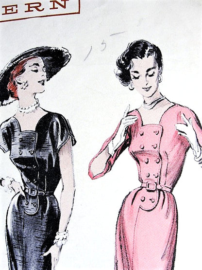 1950s UNIQUE Tailored Slim Dress Pattern BUTTERICK 6543 Figure Flattering Double Breasted Dress, Low Scallop Neckline Bust 32 Vintage Sewing Pattern FACTORY FOLDED