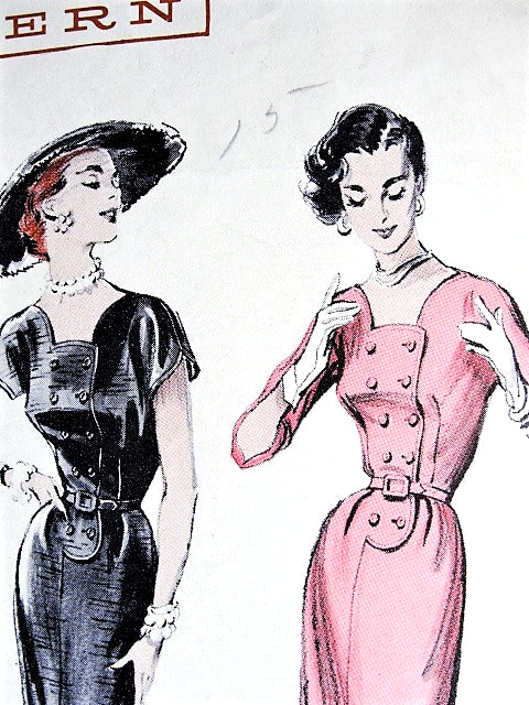 1950s UNIQUE Tailored Slim Dress Pattern BUTTERICK 6543 Figure Flattering Double Breasted Dress, Low Scallop Neckline Bust 32 Vintage Sewing Pattern FACTORY FOLDED