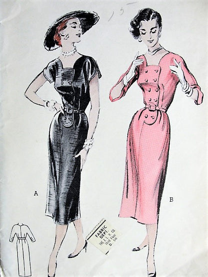 1950s UNIQUE Tailored Slim Dress Pattern BUTTERICK 6543 Figure Flattering Double Breasted Dress, Low Scallop Neckline Bust 32 Vintage Sewing Pattern FACTORY FOLDED