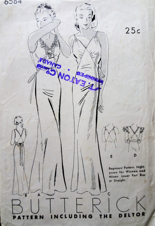 1930s GLAMOROUS Nightgown Lingerie Pattern BUTTERICK 6584 Art Deco Style Slinky Nightgowns In 2 Styles, Suitable as Evening Gowns, Bust 34 Easy To Sew Vintage Sewing Pattern
