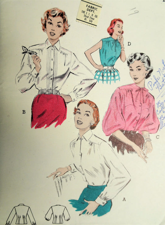 1950s SMART Blouses Pattern BUTTERICK 6617 Four Blouse Styles Bust 32 Vintage Sewing Pattern FACTORY FOLDED