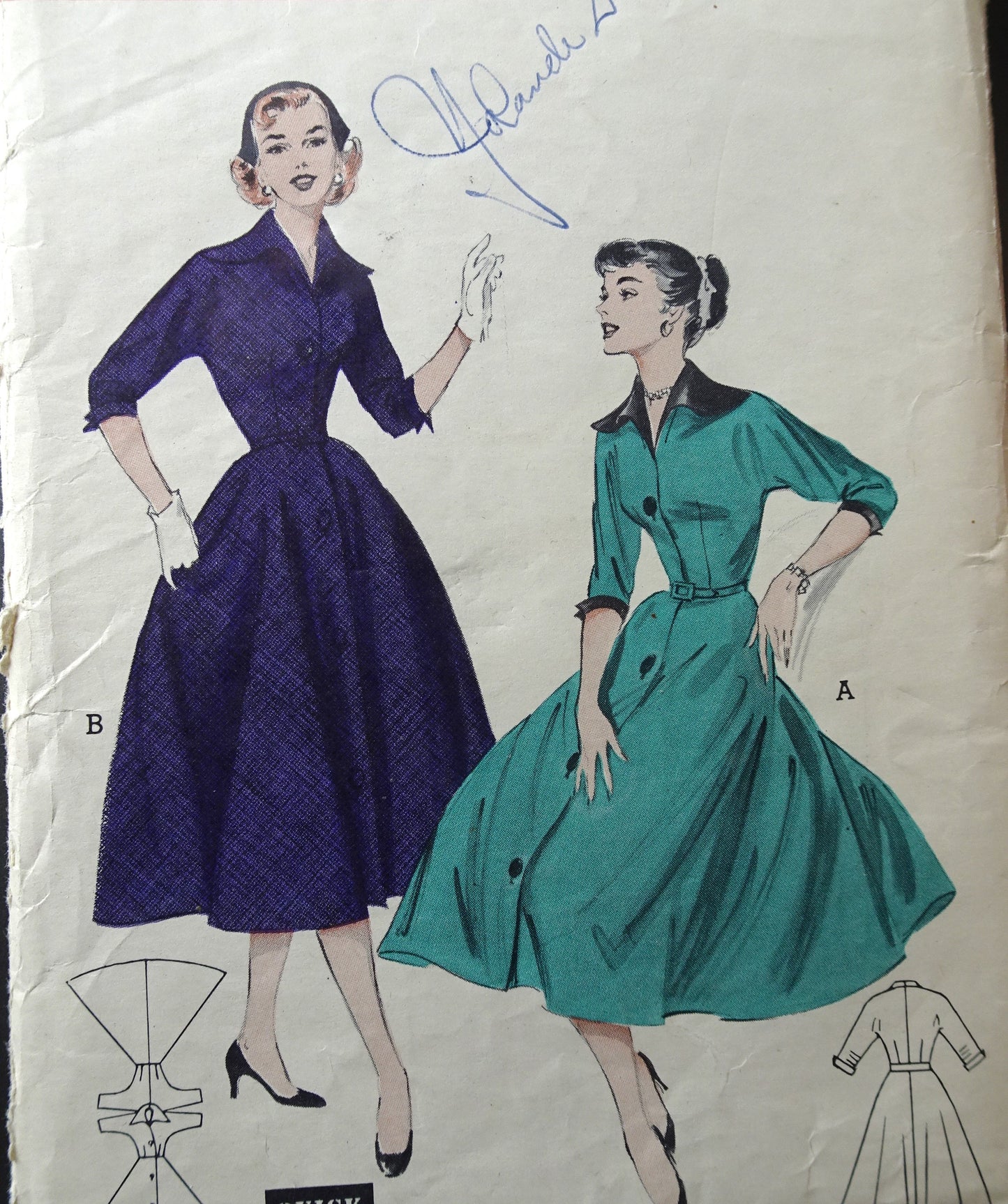 CLASSY 1950s Coat Dress Pattern BUTTERICK 6713 Quick and Easy Front Button Dress Wing Collar and Cuffs, Bust 32 Vintage Sewing Pattern