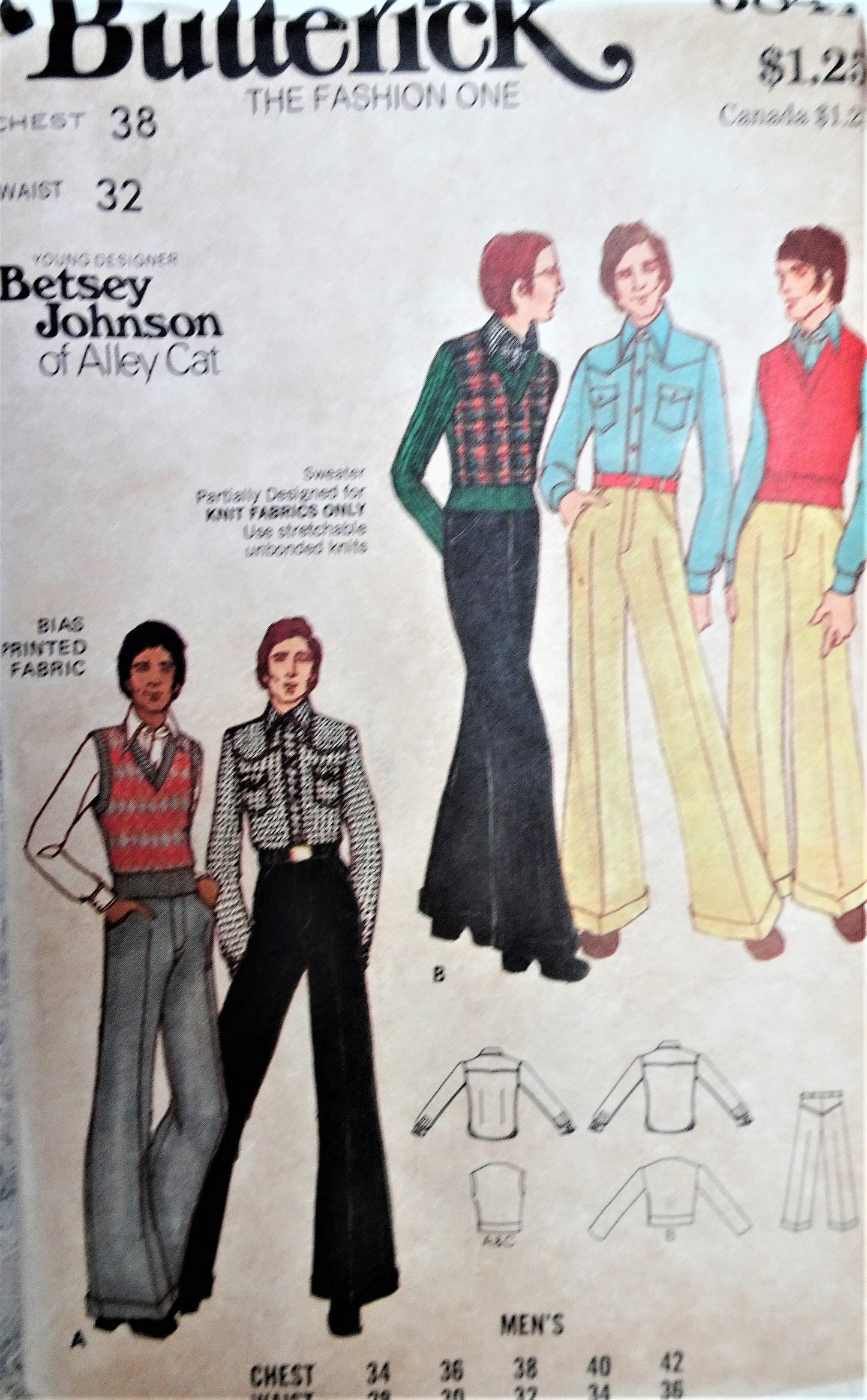 1970s BETSEY JOHNSON Alley Cat Mens Pattern BUTTERICK 6841 Mens Vest for Knits Shirt and Cuffed Pants Chest 38 Vintage Sewing Pattern FACTORY FOLDED