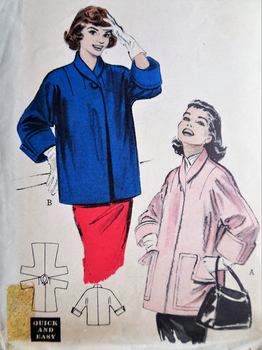 1950s BEAUTIFUL Wide Cuff Jacket Car Coat Pattern BUTTERICK 6850 Quick and Easy Boxy Jackets, Bust 32 Vintage Sewing Pattern