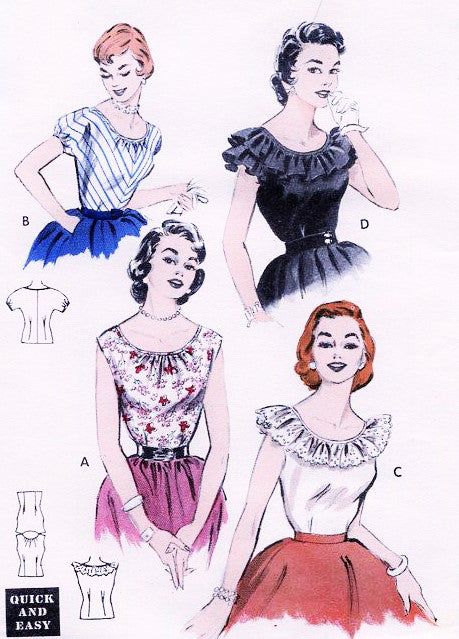 1950s Flirty Peasant Blouses Quick n Easy Pattern BUTTERICK 6927 Four Pretty  Styles Bust 32 Vintage Sewing Pattern