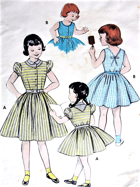1950s ADORABLE Little Girls Dress Pattern BUTTERICK 7002 Puff Sleeve or SunDress Versions Size 6 Childrens Vintage Sewing Pattern