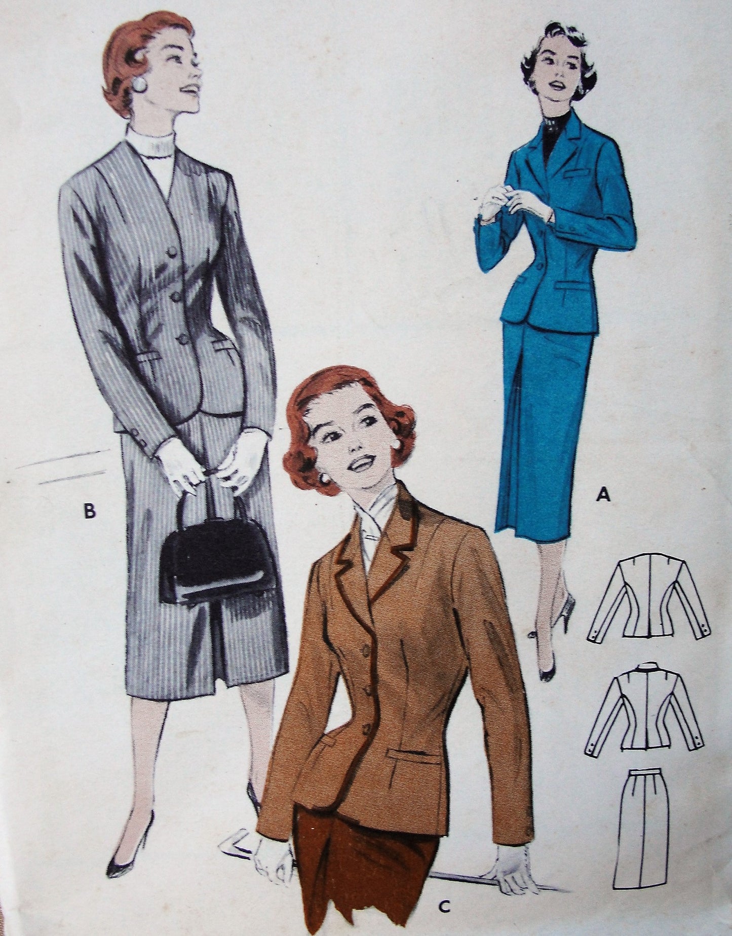 1950s SLEEK Business Suit Pattern BUTTERICK 7118 Tailored Suit Cardigan or Lapel Jacket Slim Skirt Suit Bust 30 Vintage Sewing Pattern