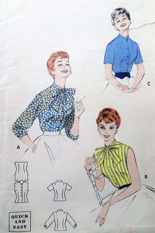 1950s Vintage PRETTY Blouse with Bow or High Neckline Butterick 7396  Sewing Pattern Bust 32