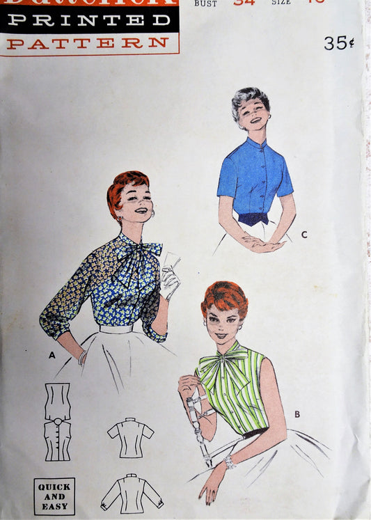 1950s PRETTY Blouse Pattern BUTTERICK 7396 Three Blouses with Bow or High Neckline Bust 34 Vintage Sewing Pattern
