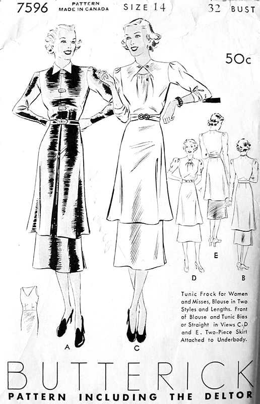 1930s FAB Tunic Frock Dress Pattern BUTTERICK 7596 ART DECO Tunic Blouse In 2 Styles KEYHOLE Neckline Bust 32 Vintage Sewing Pattern FACTORY FOLDED