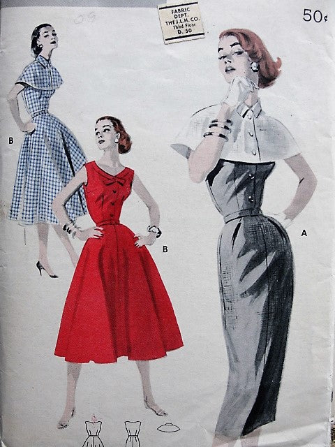 1950s STRIKING Slim or Full Skirt Dress with Capelet Pattern Butterick 7690, Bust 34 Vintage Sewing Pattern  FACTORY FOLDED