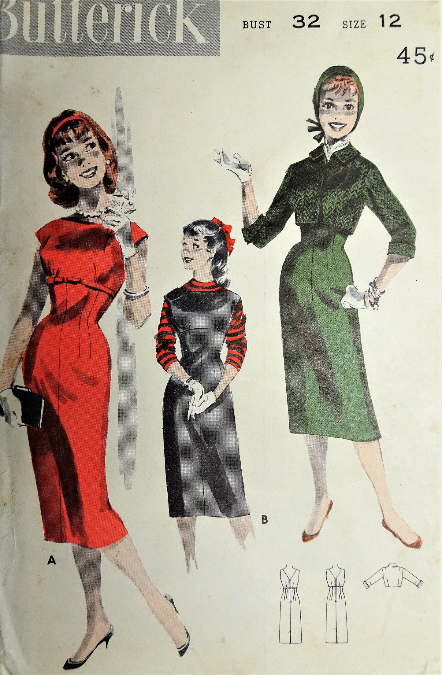 1950s FAB Slim Jumper Dress and Jacket Pattern BUTTERICK 7966 Flattering Empire Sheath Dress Shortie Jacket Bust 32 Vintage Sewing Pattern