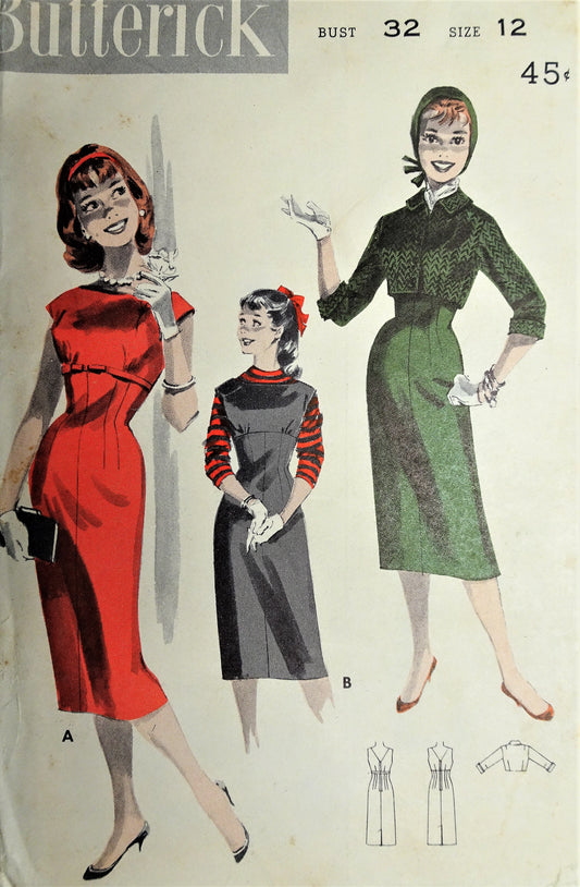1950s FAB Slim Jumper Dress and Jacket Pattern BUTTERICK 7966 Flattering Empire Sheath Dress Shortie Jacket Bust 32 Vintage Sewing Pattern