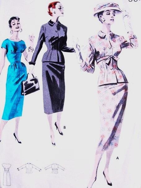 1950s Beautiful Slim Midriff Cocktail Dress and Empire Jacket Pattern Butterick 7986 Stunning Day or Evening Bombshell Wiggle Ensemble Bust 32 or 38 Vintage Sewing Pattern