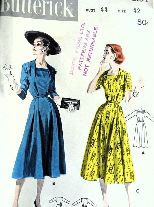 1950s BEAUTIFUL Dress Pattern BUTTERICK 8134 Square Neckline, Figure Flattering Design, Day or Party Dress, Bust 44 Vintage Sewing Pattern