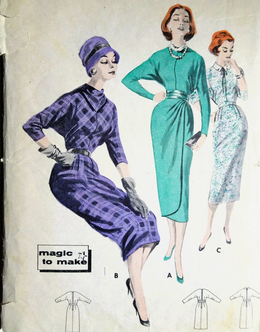 50s STUNNING Slim Dress Pattern Butterick 8268 Wiggle Slim Dolman Sleeve Sheath Dress Bust 34 Easy To Make Vintage Sewing Pattern