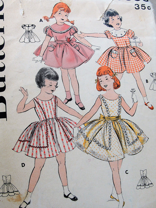 1950s ADORABLE Girls Dress Pattern BUTTERICK 8388 Four Sweet Versions Size 6 Childrens Vintage Sewing Pattern