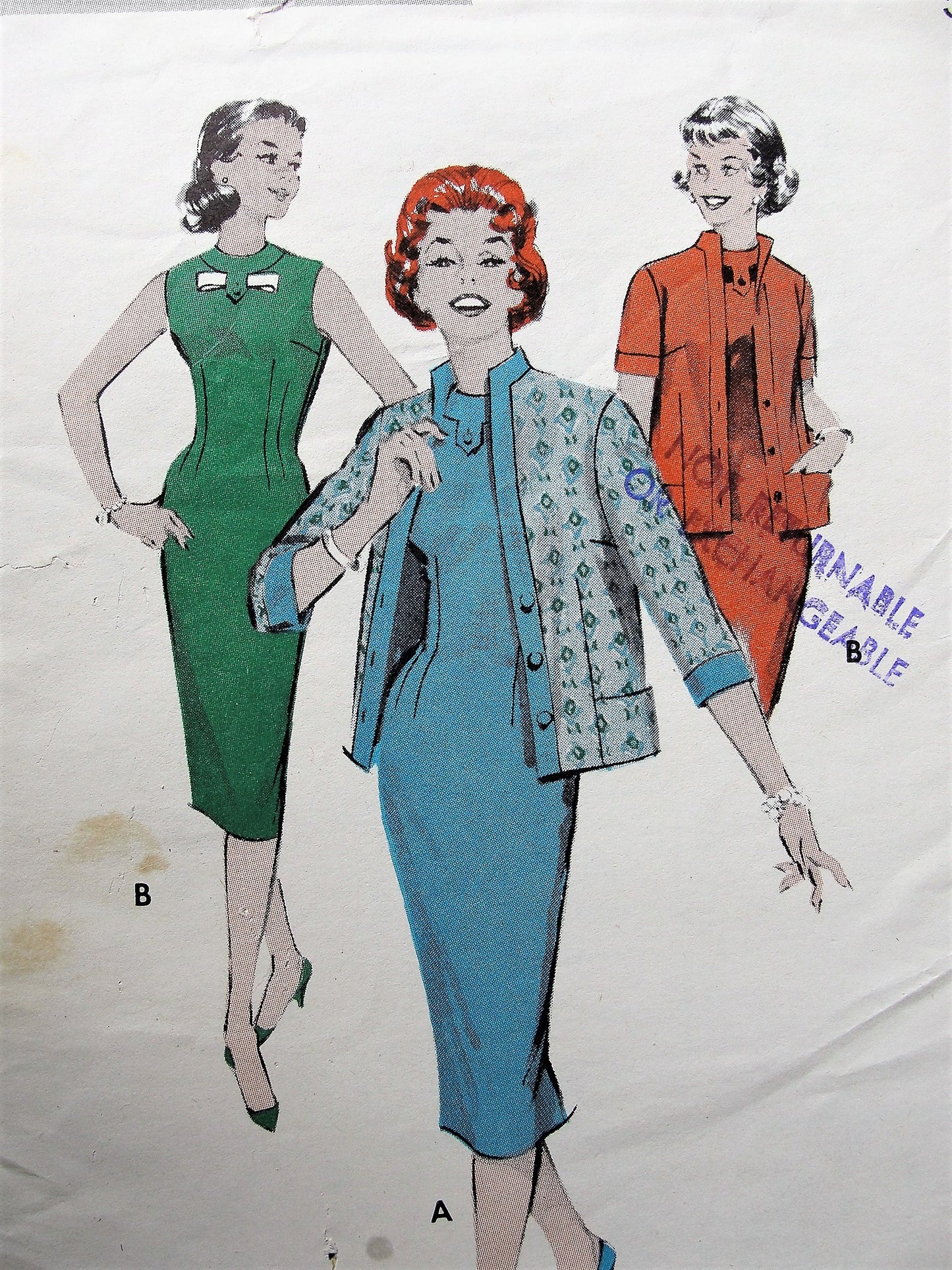 1950s Vintage CHIC Wiggle Dress with Detailed Neckline and Jacket Butterick 8637 Sewing Pattern Bust 32