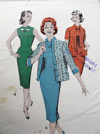 1950s Vintage CHIC Wiggle Dress with Detailed Neckline and Jacket Butterick 8637 Sewing Pattern Bust 32