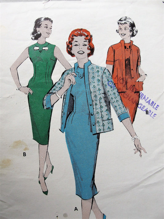 1950s Vintage CHIC Wiggle Dress with Detailed Neckline and Jacket Butterick 8637 Sewing Pattern Bust 32