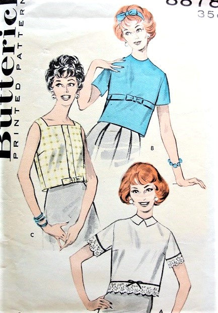 Late 1950s CUTE Button Back Over Blouse Pattern BUTTERICK 8878 Three Pretty Styles Bust 34 Vintage Sewing Pattern
