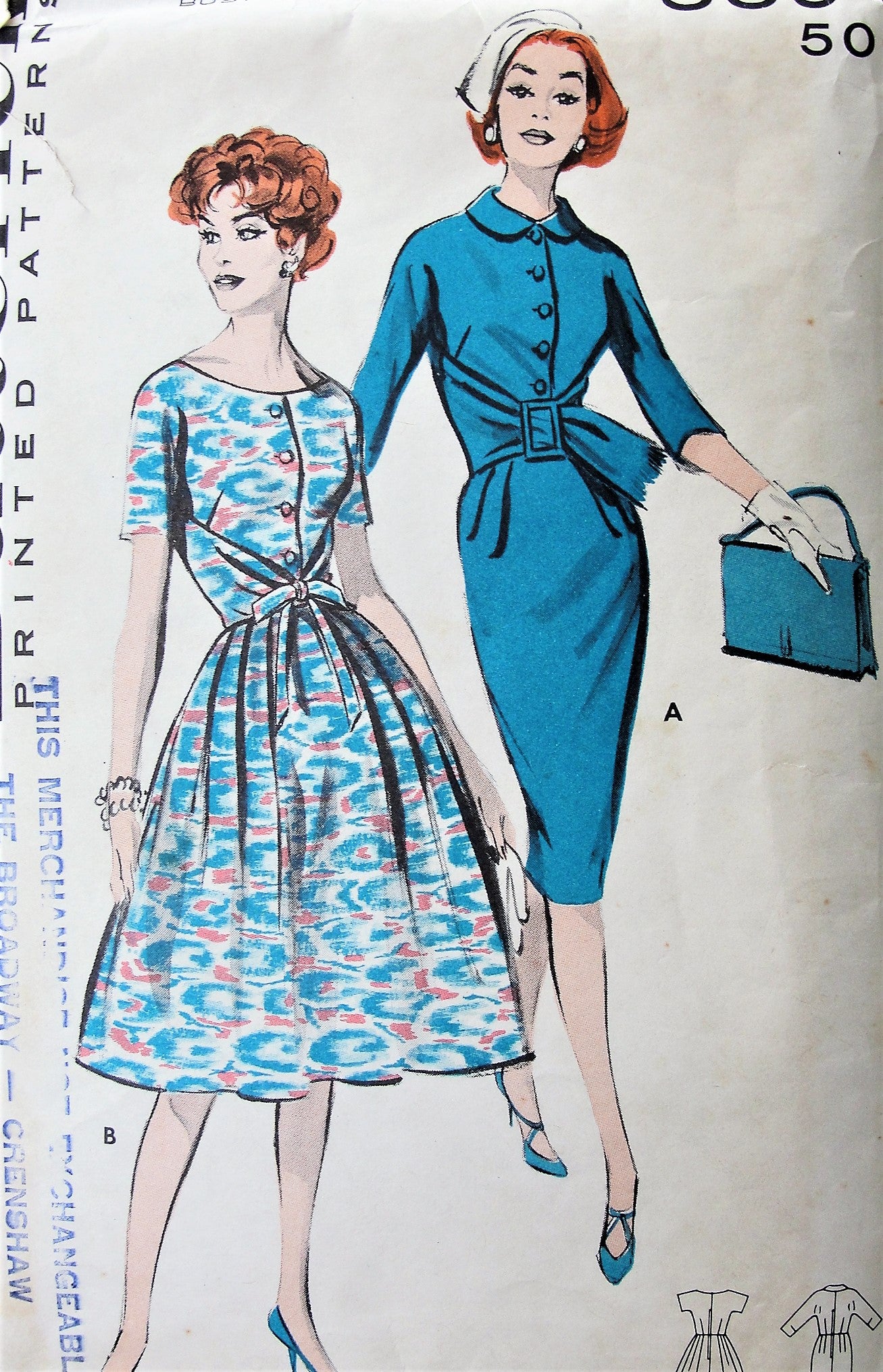 1950s STUNNING Slim or Full Skirt Dress Pattern BUTTERICK 8894 Wrapped Waistline, 2 Style Versions Bust 34 Vintage Sewing Pattern