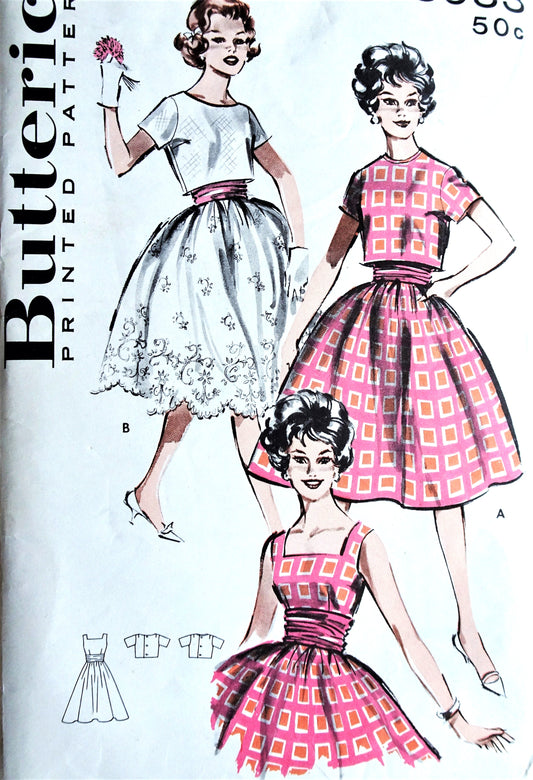 Late 1950s LOVELY Party or Day Sun Dress and Crop Jacket Pattern BUTTERICK 8983 Dirndl Dress, Cummerbund, Button Back Crop Jacket, Bust 31 Vintage Sewing Pattern
