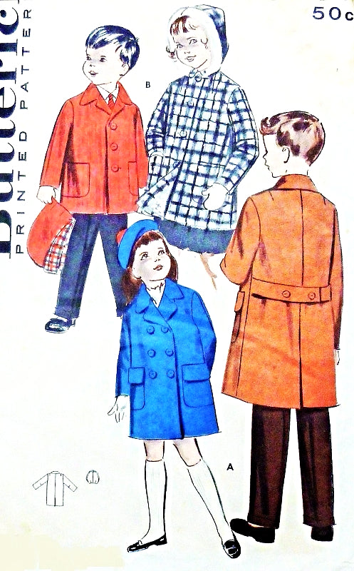 1950s CUTE Childrens Coat and Detachable Hood Pattern BUTTERICK 9057 Little Girls and Boys Coat in Two Lengths Size 4 or 8 Vintage Sewing Pattern FACTORY FOLDED