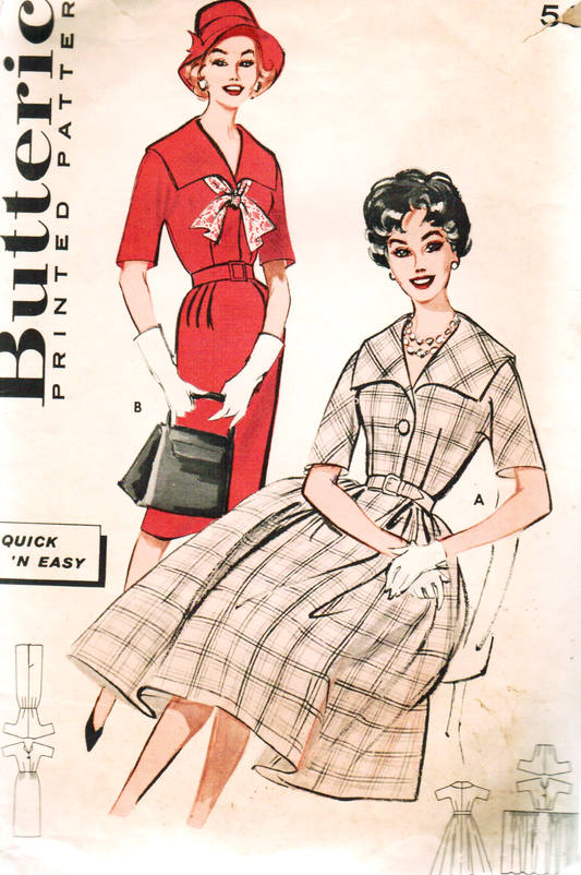 Late 50s BEAUTIFUL Large Collar Dress Pattern BUTTERICK 9131 Slim or Full Skirt Dress, Bust 32 Quick n Easy Vintage Sewing Pattern UNCUT