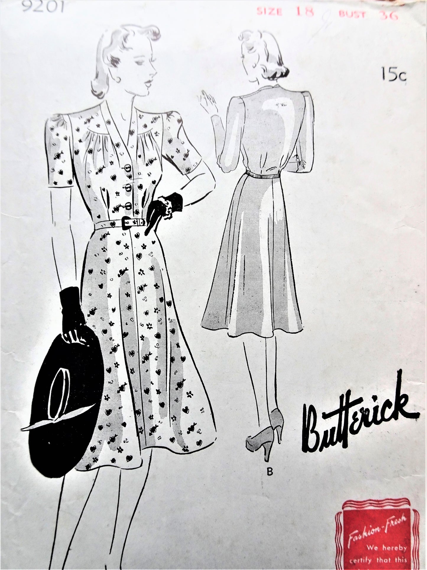 1940s PRETTY Dress Pattern BUTTERICK 9201 Four Gored Skirt Dress, Bust 36 Vintage Sewing Pattern