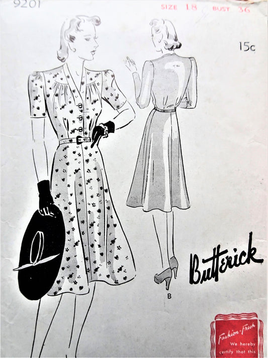 1940s PRETTY Dress Pattern BUTTERICK 9201 Four Gored Skirt Dress, Bust 36 Vintage Sewing Pattern