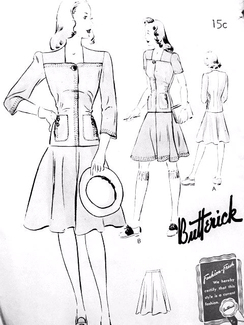 1940s CUTE Two Pc Frock Dress Pattern BUTTERICK 9392 Longer Length Overblouse Flared Skirt Pretty Style Details Bust 36 Vintage Forties Sewing Pattern FF
