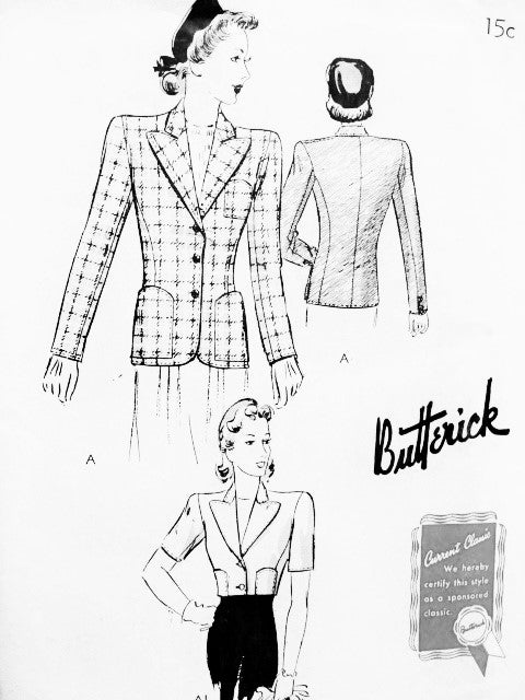 1940s BEAUTIFUL Jacket Blazer Pattern BUTTERICK 9313 Beautiful Design in 2 Lengths Day or Evening Bust 30 Vintage Sewing Pattern FACTORY FOLDED