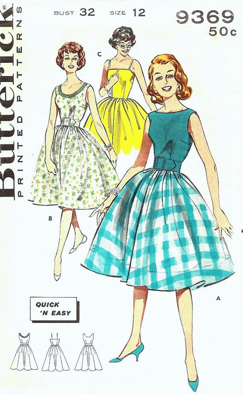 1960s PRETTY Cocktail Party Dress Pattern BUTTERICK 9369 Three Bodice Styles, Full Flirty Skirt,Bust 32, Quick n Easy Vintage Sewing Pattern Factory Folded